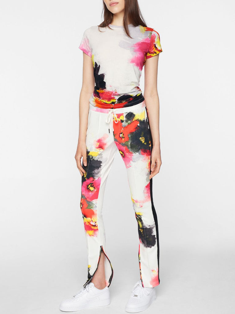 OffWhite Floral Printed Straight Kurta with Striped Yoke and Cigarette  Pants